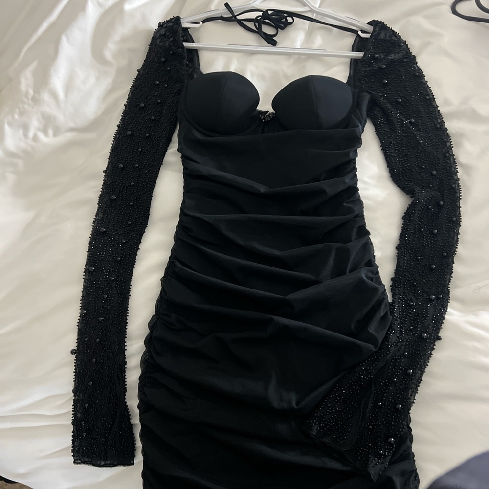 Embellished Long Sleeve Mini Dress in Black